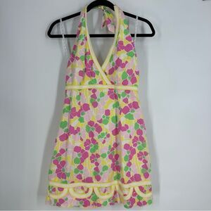 LILLY PULITZER Y2K Vintage Barbiecore Halter Floral Swiss Dot Mini Dress Sz 6